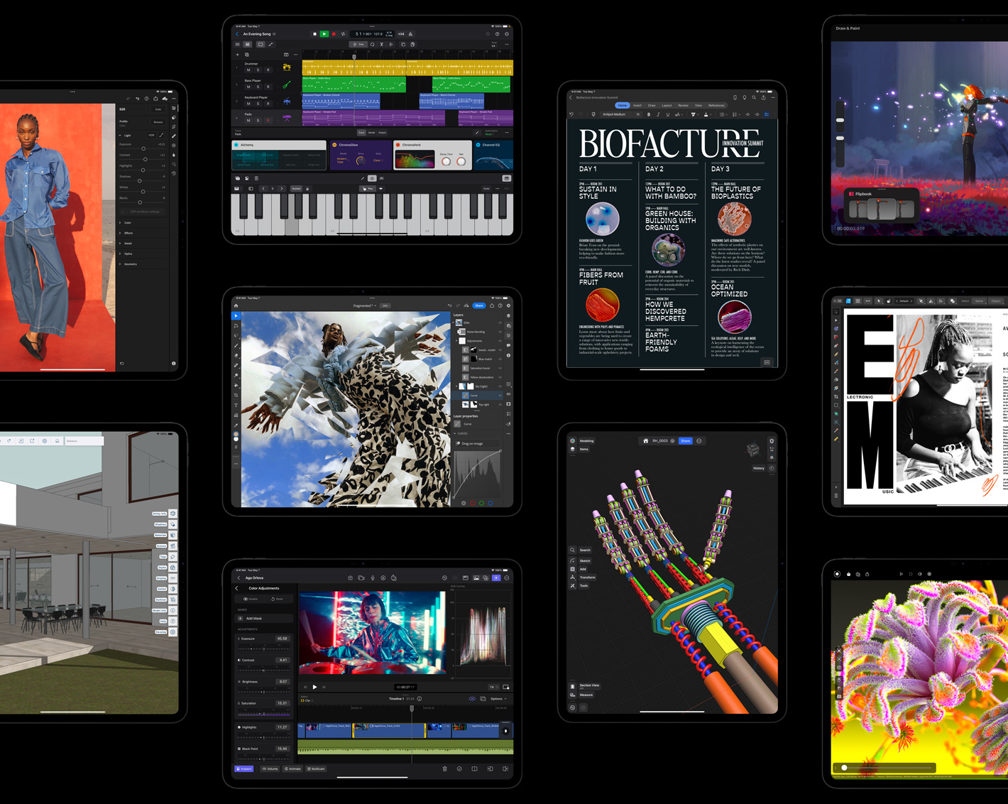 Ten iPad Pro displays showcasing different apps like - Adobe Lightroom, Trimble SketchUp, Logic Pro, Adobe Photoshop, Final Cut Pro, Microsoft Word, Shapr3D, Procreate Dreams, Affinity Designer 2, Octane X