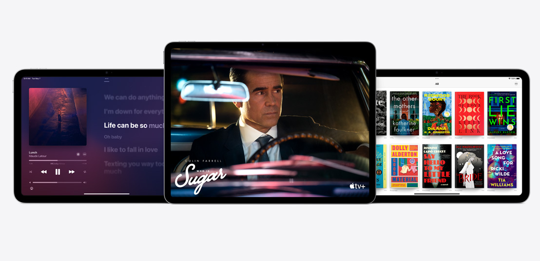 Two iPads and an iPad Air showcasing the Apple Music, Apple TV+, and Apple Books apps.