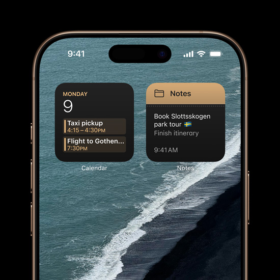 An iPhone 16 Pro personalized with Calendar and Notes pop-ups on the top of the Home Screen