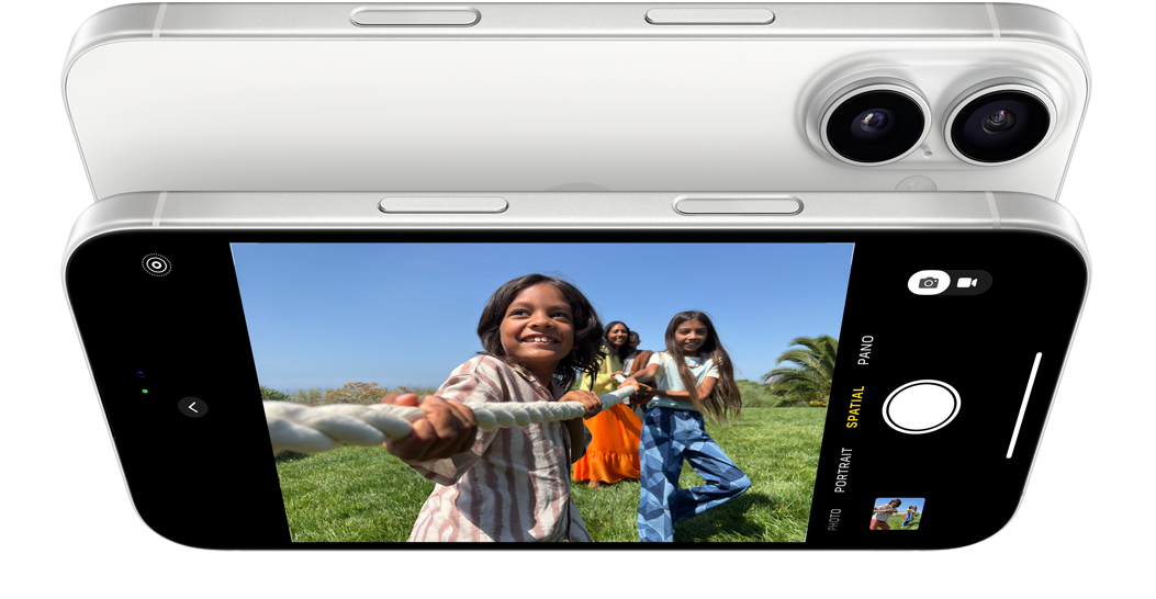 The Spatial camera feature demonstrated on an iPhone 16 in White