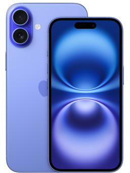 Front of iPhone 16 in color ultramarine and partial view of back of iPhone 16 Plus showing the camera.