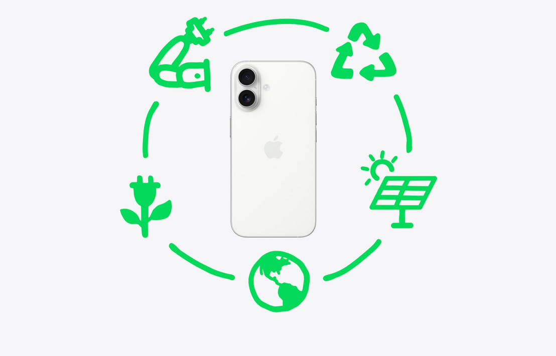 Afbeelding van alle stappen die Apple neemt om materialen te recycleren en te hergebruiken, zoals design en grondstoffen, productie, verpakking en vervoer, gebruik, en terugwinning.