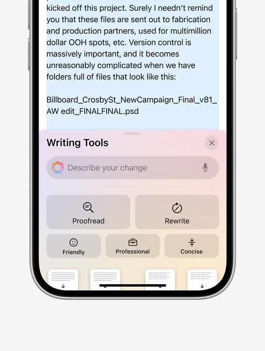 Apple Intelligence Writing Tools prompts on iPhone 16 Pro.