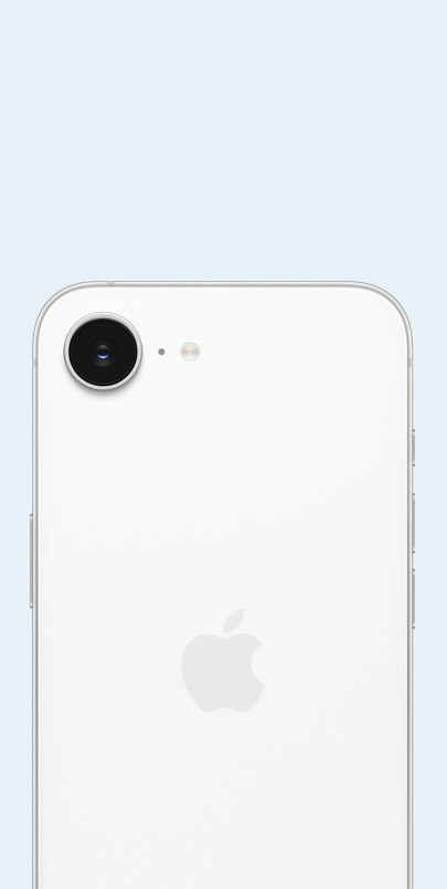 Back view of iPhone 16e in white color featuring recycled materials and camera is shown.