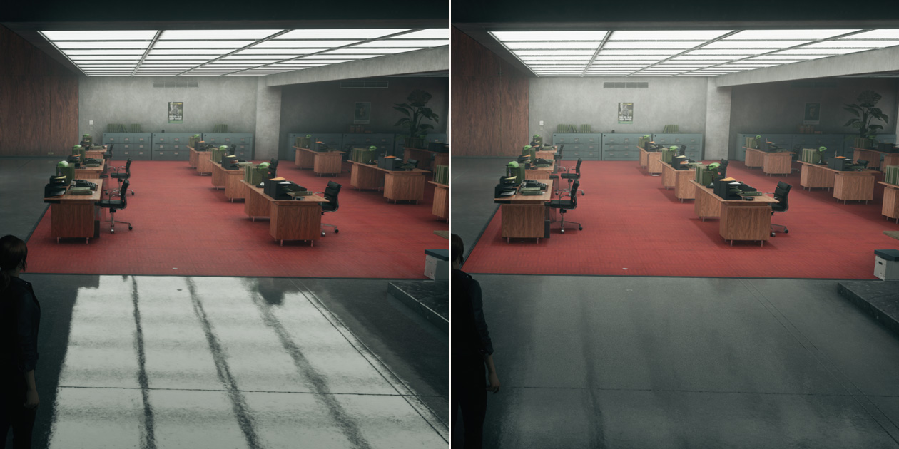 An image of the game Control Ultimate Edition, demonstrating the difference in visual detail with and without hardware-accelerated ray tracing