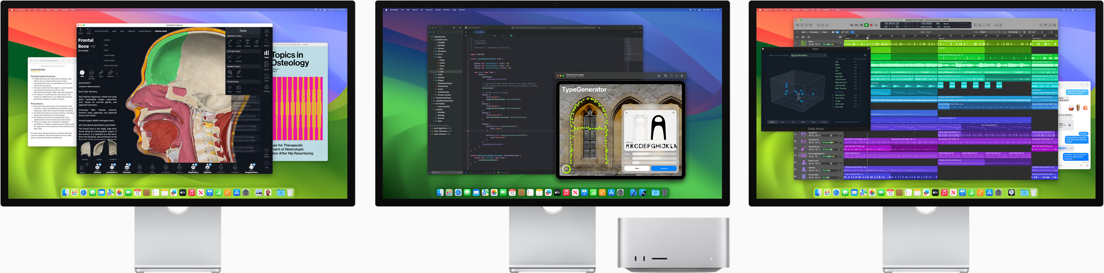 Mac Studio et trois Studio Display sur lesquels s’affichent différentes apps