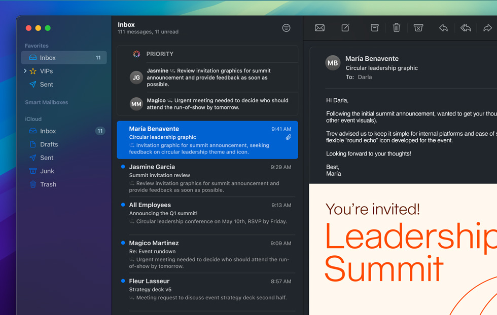 Prikazuje se značajka Apple Intelligence Prioritetne poruke u aplikaciji Mail. Hitne poruke e-pošte prikupljaju se u jednoj mapi koja sažima radnju koju poruke zahtijevaju. Otvorena poruka e-pošte zahtijeva pregled datoteka dizajna još danas.