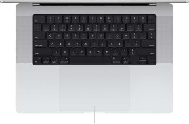 Pogled odozgo na otvoreni 16-inčni MacBook Pro u svrhu prikaza Force Touch trackpada, smještenog podno tipkovnice