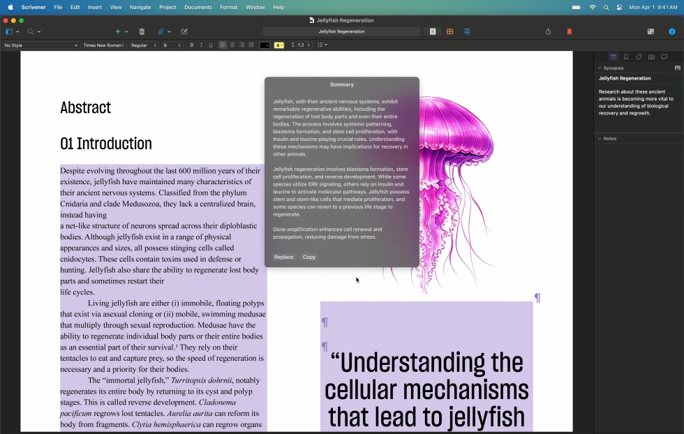 Uso de las Herramientas de Escritura de Apple Intelligence para resumir parte de un artículo académico sobre las medusas, que da como resultado varios párrafos resumidos en una sola oración