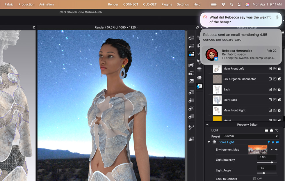 En bruger arbejder med tøjdesign i 3D-modedesignappen CLO. Siri har givet et svar fra ChatGPT på brugerens spørgsmål om bæredygtige hampsorter