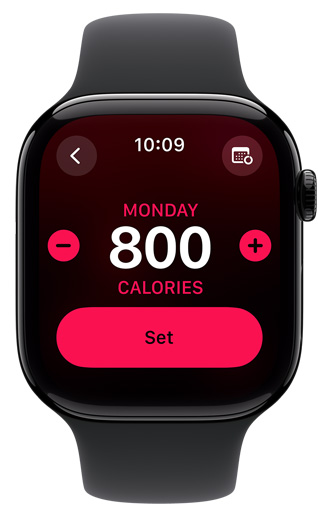 An Apple Watch screen displays a Move goal of 800 calories.