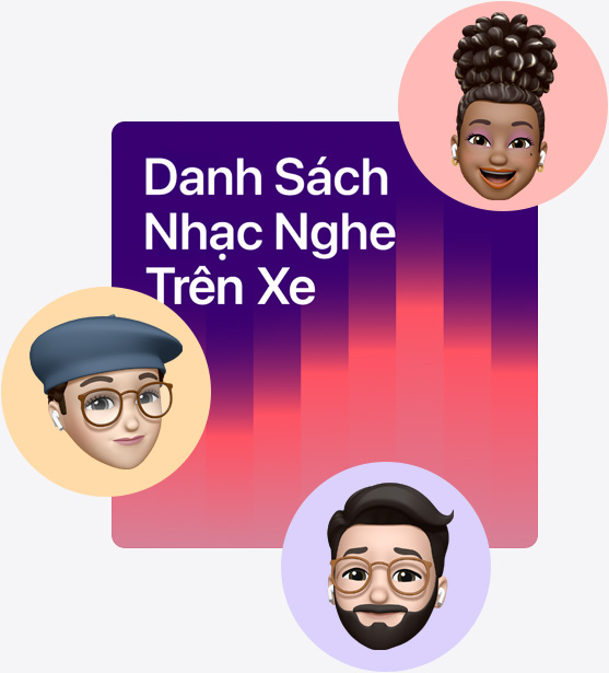 Ảnh bìa từ một playlist cộng tác có tên Danh Sách Nhạc Nghe Trên Xe được bao quanh bởi các memoji