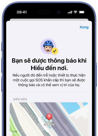 Màn hình iPhone hiển thị xác nhận rằng thông báo Tìm đã được thiết lập, dòng chữ có nội dung 'Bạn sẽ được thông báo khi Pedro đến', bản đồ có vị trí được ghim nằm ở cuối màn hình