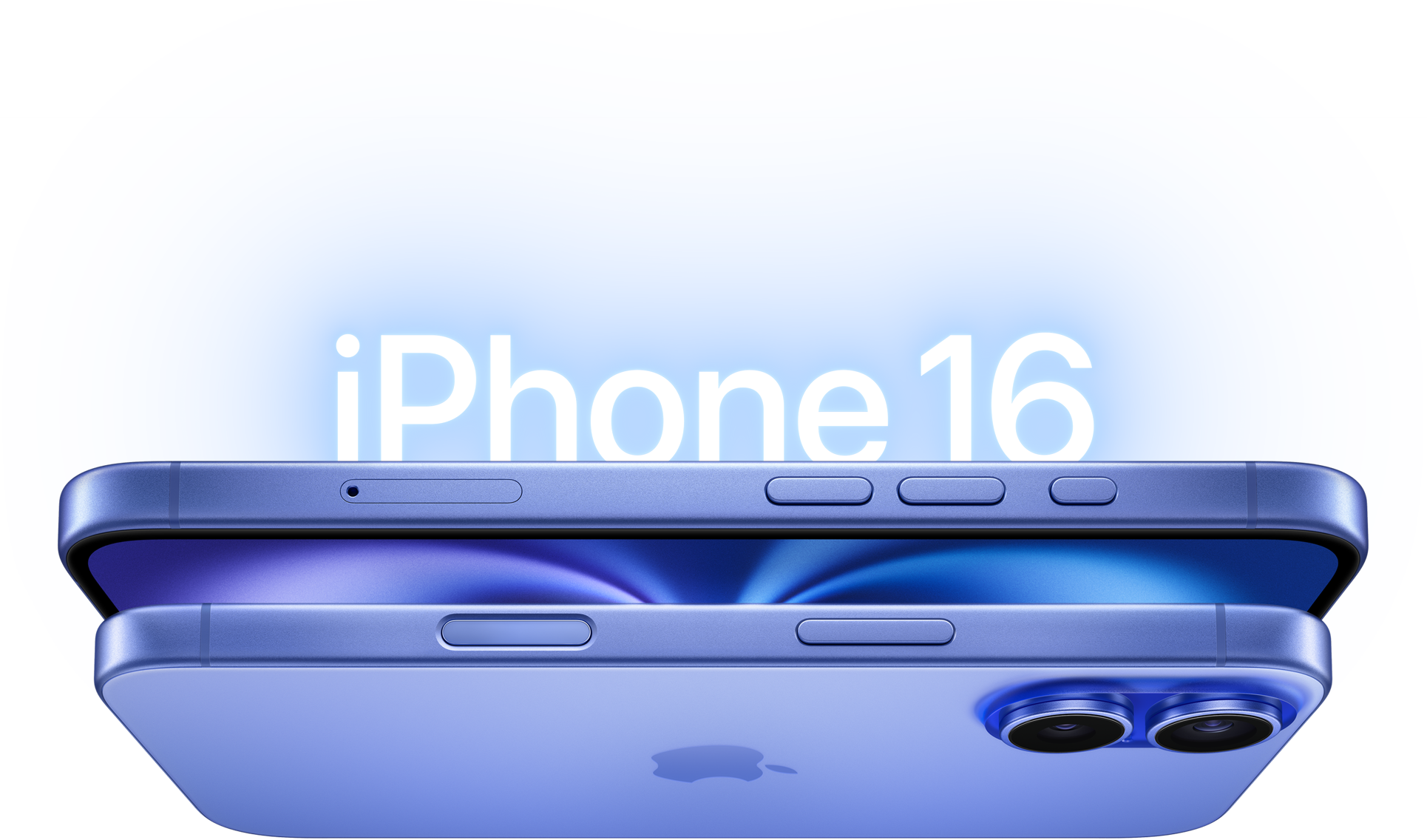 Hai phiên bản iPhone 16 màu Xanh Lưu Ly, vỏ ngoài mặt bên, nút sườn, hệ thống camera kép nhô lên.